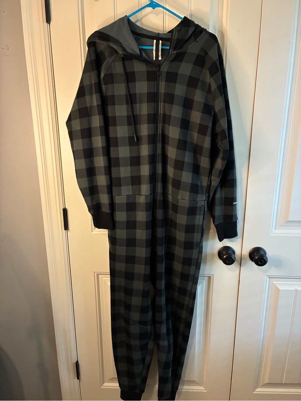 Fabletics Cozy Fleece Hooded Pajamas Loungewear in black/green plaid